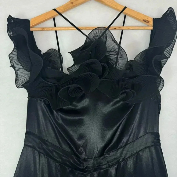 ZARA 80s Cocktail Flared Satin Effect Black Ruffled Halter Jumpsuit Size L - Picture 4 of 9